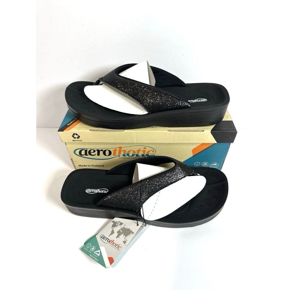 Aerothotic Crystal Black Flip Flops Womens 10 Orthotic Arch Support Sandals
